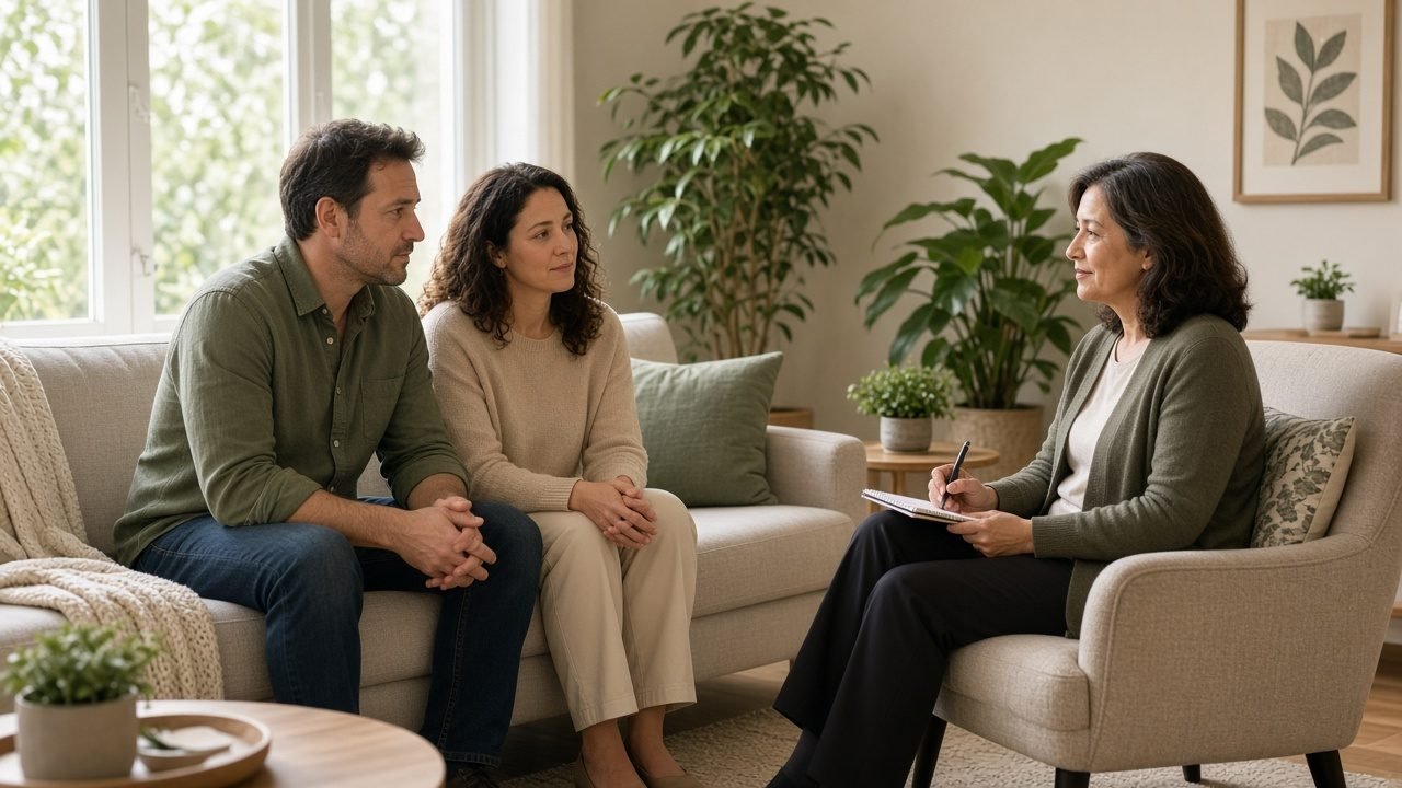 Couple talking with a counsellor